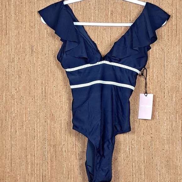 JUICY COUTURE‎ Sz S 1 Piece Swimsuit Deep Ruffle V-Neck & Back Navy Blue NWT $98 - Picture 2 of 9